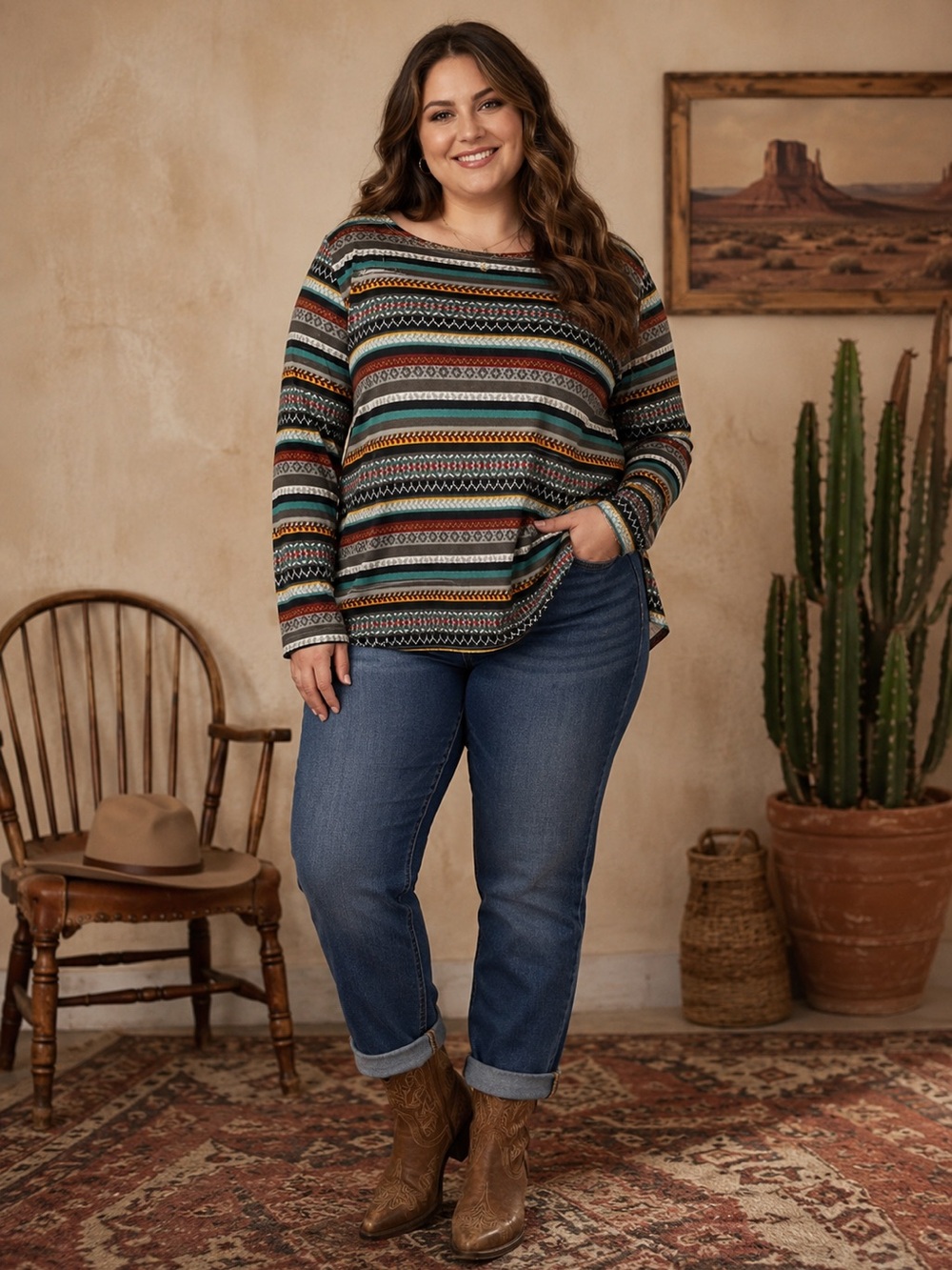 Double D Ranch Spokane Serape pattern Boatneck Sweater Top